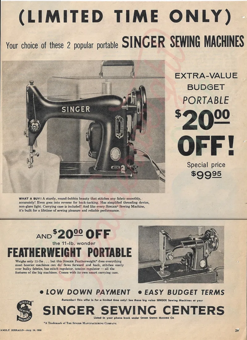 Advertisement, Rare Featuring the Singer Featherweight  - (Vintage Original)