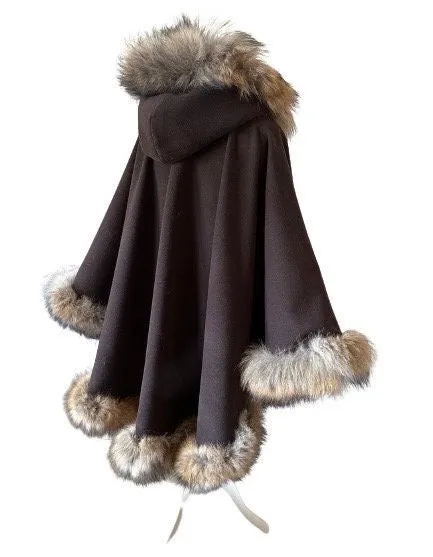 Brown Women Winter Coat Cape Trim Fox Fur, Winter Women's Poncho Jacket lined, Warm Women's coat with a hood