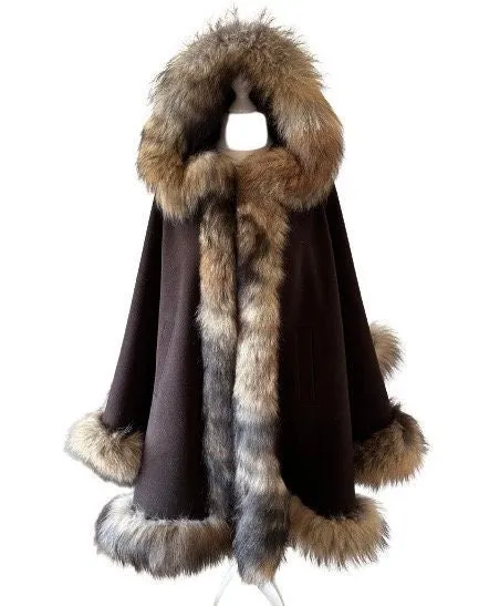 Brown Women Winter Coat Cape Trim Fox Fur, Winter Women's Poncho Jacket lined, Warm Women's coat with a hood