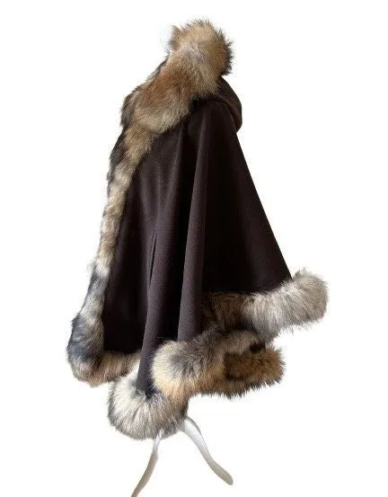 Brown Women Winter Coat Cape Trim Fox Fur, Winter Women's Poncho Jacket lined, Warm Women's coat with a hood