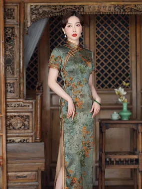 Chinese Style Vintage Bamboo Leaf and Flower Printed Cheongsam Dress for Women in Light Aqua Green Traditional Color