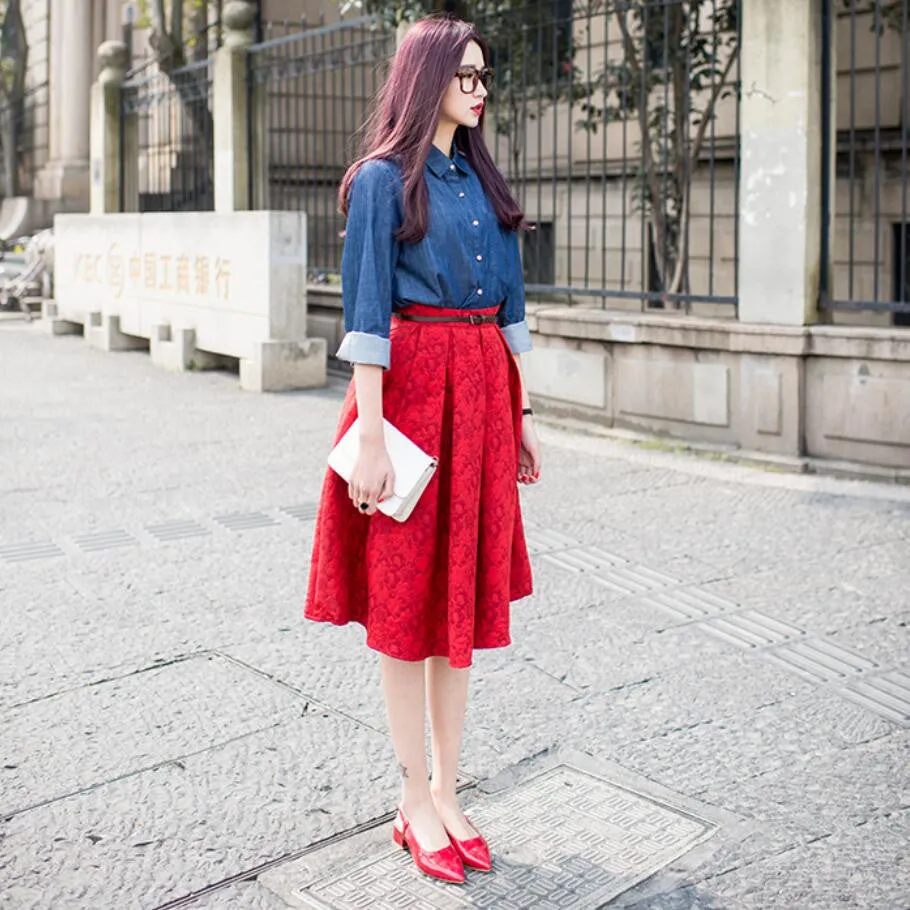 High Waist 3D Subtle Print Pleated Flared Full Skirt