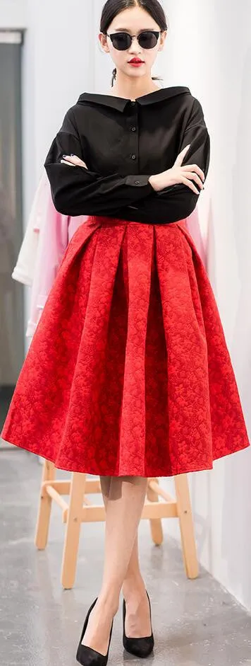 High Waist 3D Subtle Print Pleated Flared Full Skirt