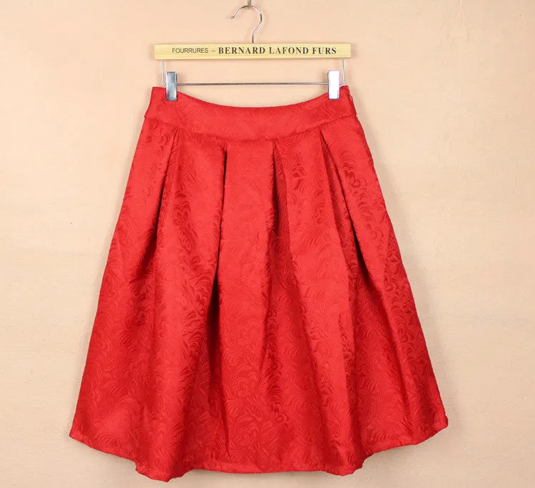 High Waist 3D Subtle Print Pleated Flared Full Skirt