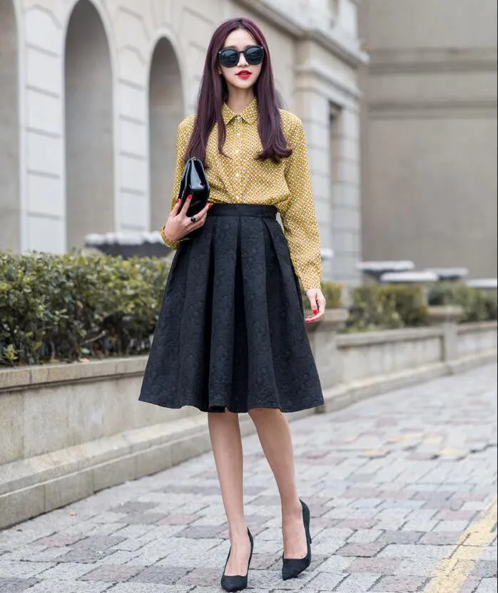 High Waist 3D Subtle Print Pleated Flared Full Skirt