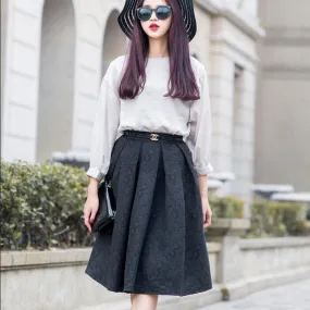 High Waist 3D Subtle Print Pleated Flared Full Skirt