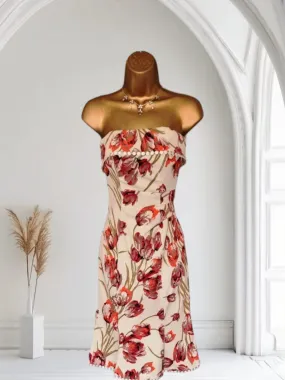 Karen Millen Vintage Ivory Coral Tulip Print Chelsy Corset Dress UK 8 US 4 EU 36