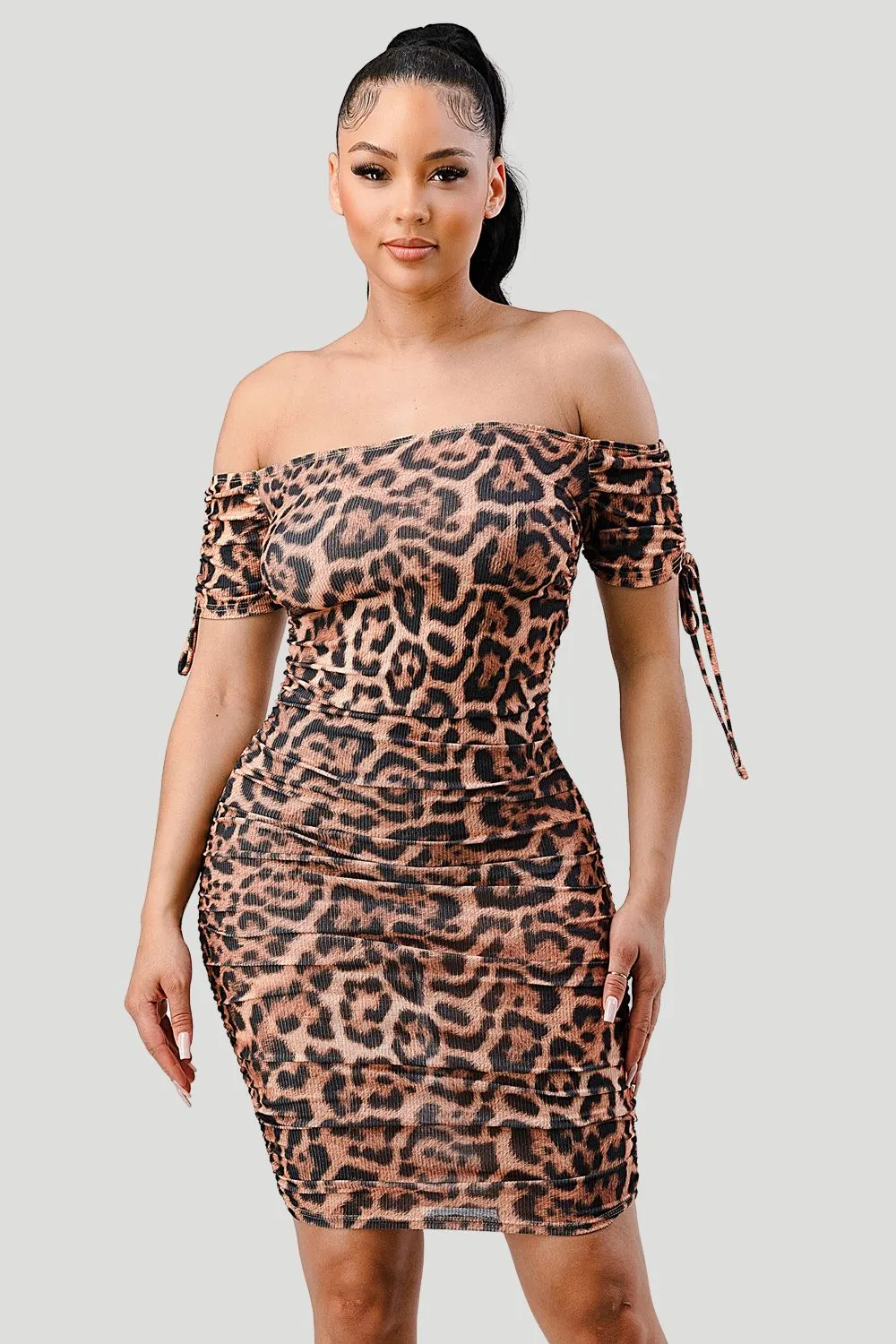 LEOPARD PRINT OFF SHOULDER SHIRRING BODYCON DRESS