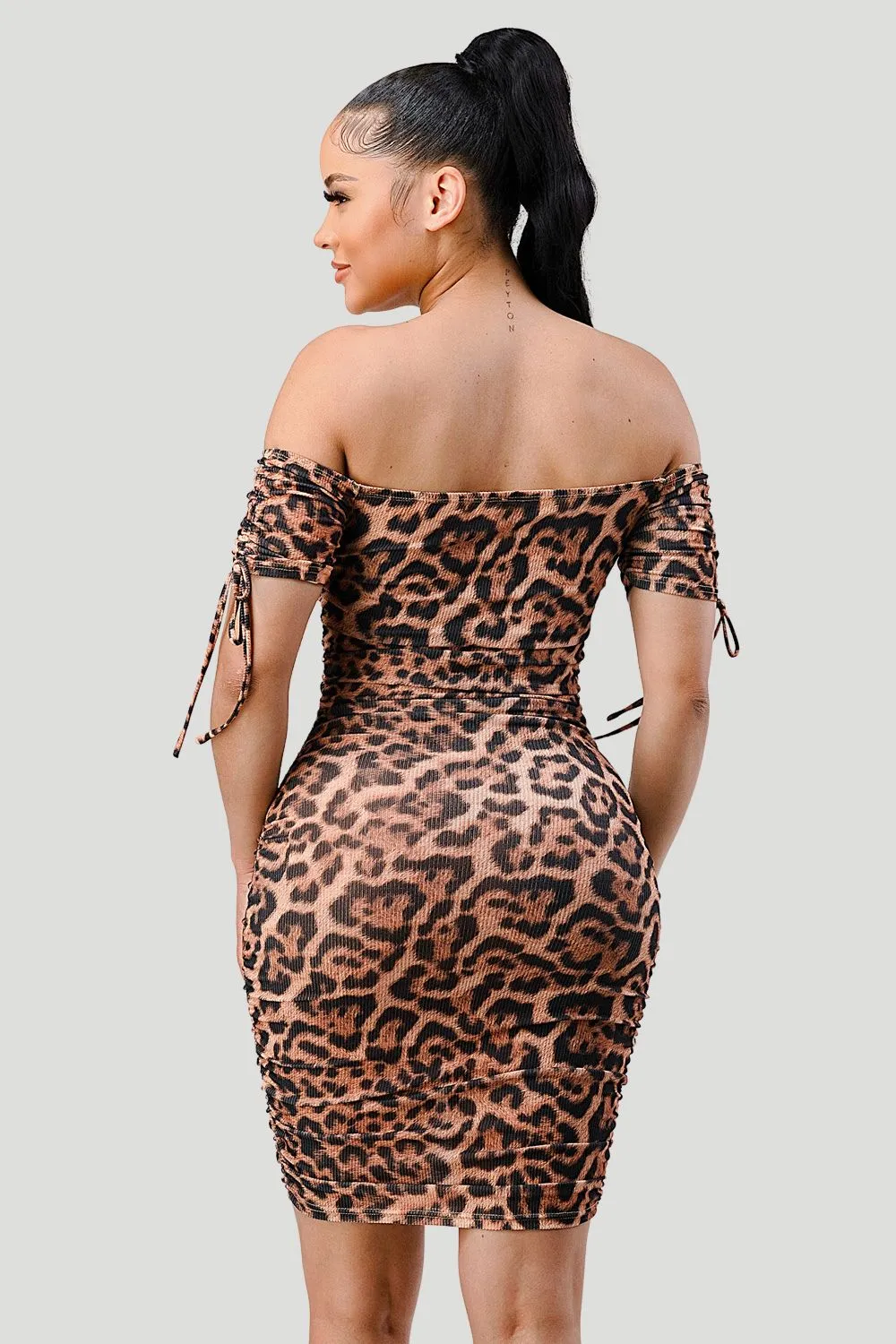 LEOPARD PRINT OFF SHOULDER SHIRRING BODYCON DRESS
