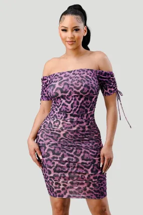 LEOPARD PRINT OFF SHOULDER SHIRRING BODYCON DRESS