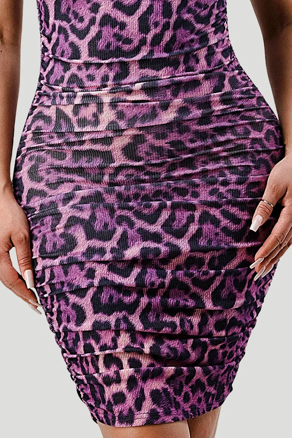 LEOPARD PRINT OFF SHOULDER SHIRRING BODYCON DRESS