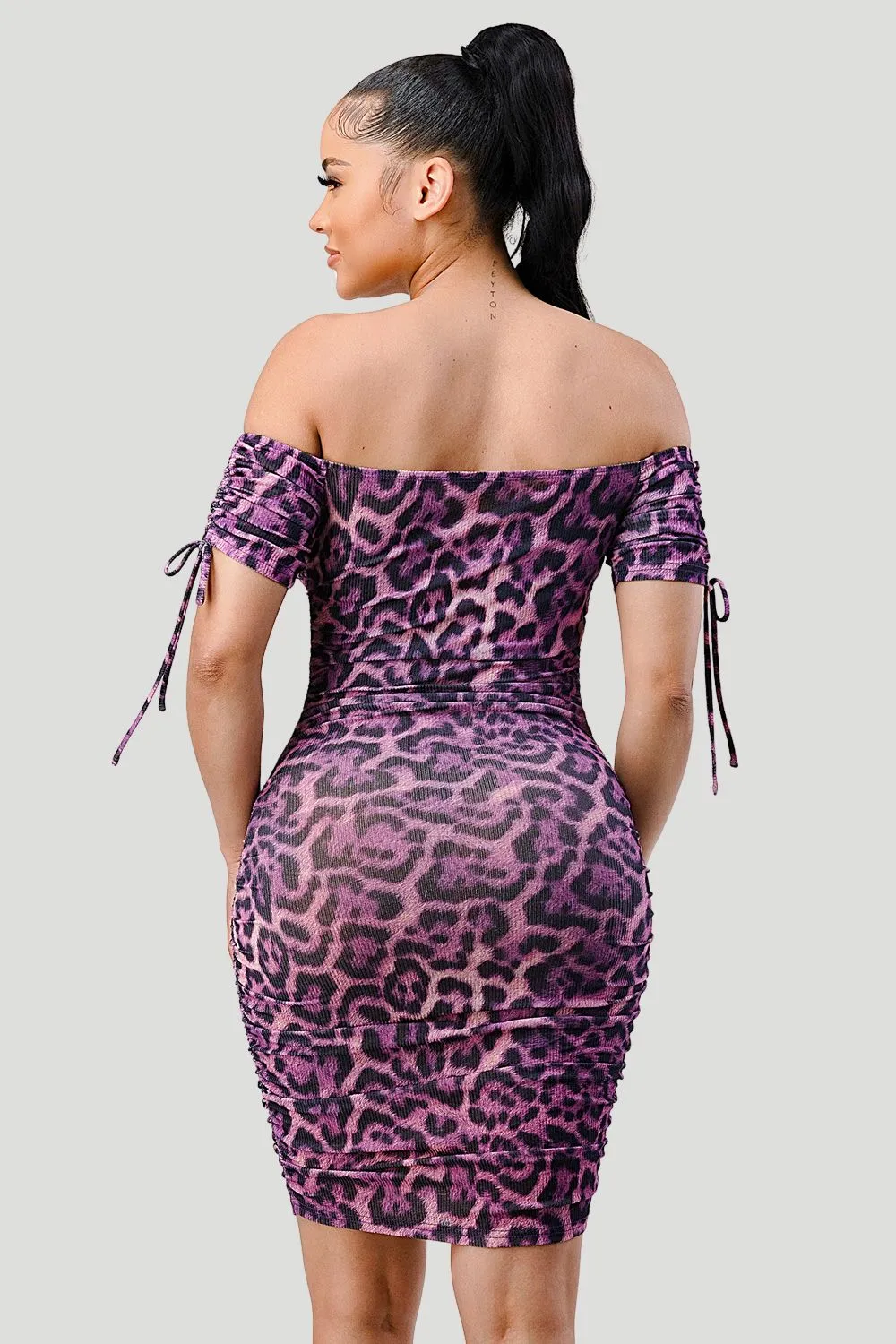 LEOPARD PRINT OFF SHOULDER SHIRRING BODYCON DRESS