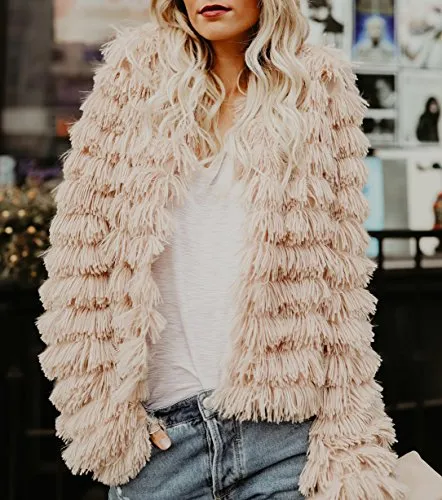 Lovaru Womens Coat Long Sleeve Open Front Parka Shaggy Faux Fur Coat Jacket Parka Coffee