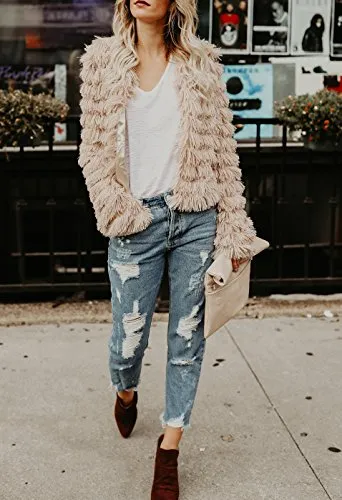 Lovaru Womens Coat Long Sleeve Open Front Parka Shaggy Faux Fur Coat Jacket Parka Coffee