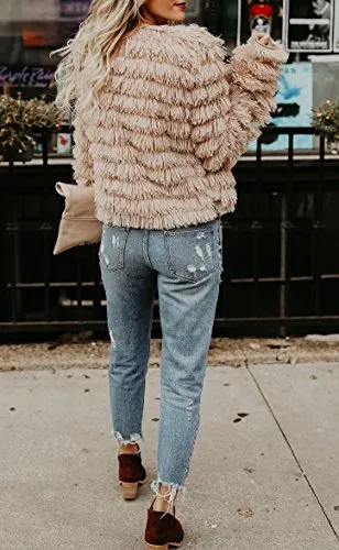 Lovaru Womens Coat Long Sleeve Open Front Parka Shaggy Faux Fur Coat Jacket Parka Coffee