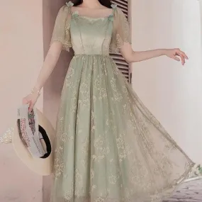 Mint Translucent Shiny Floral Butterfly Puff Sleeve Dress Kawaii Academia Y2K Cottagecore Coquette Fairycore Dollette Princesscore
