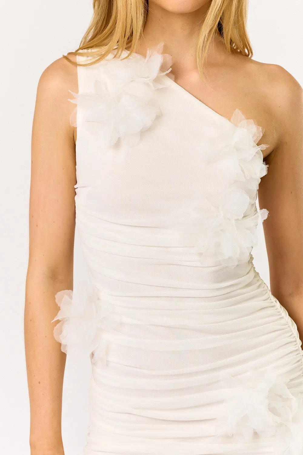 one shoulder 3D flower ruched dress