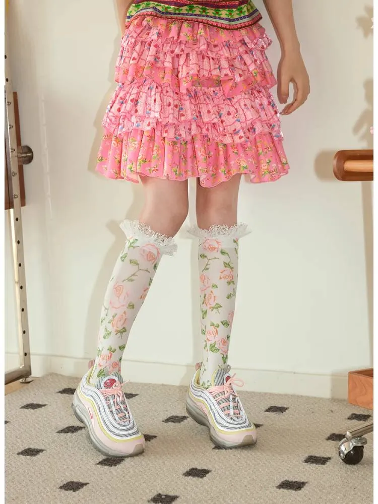 pink bear flower layered skirt