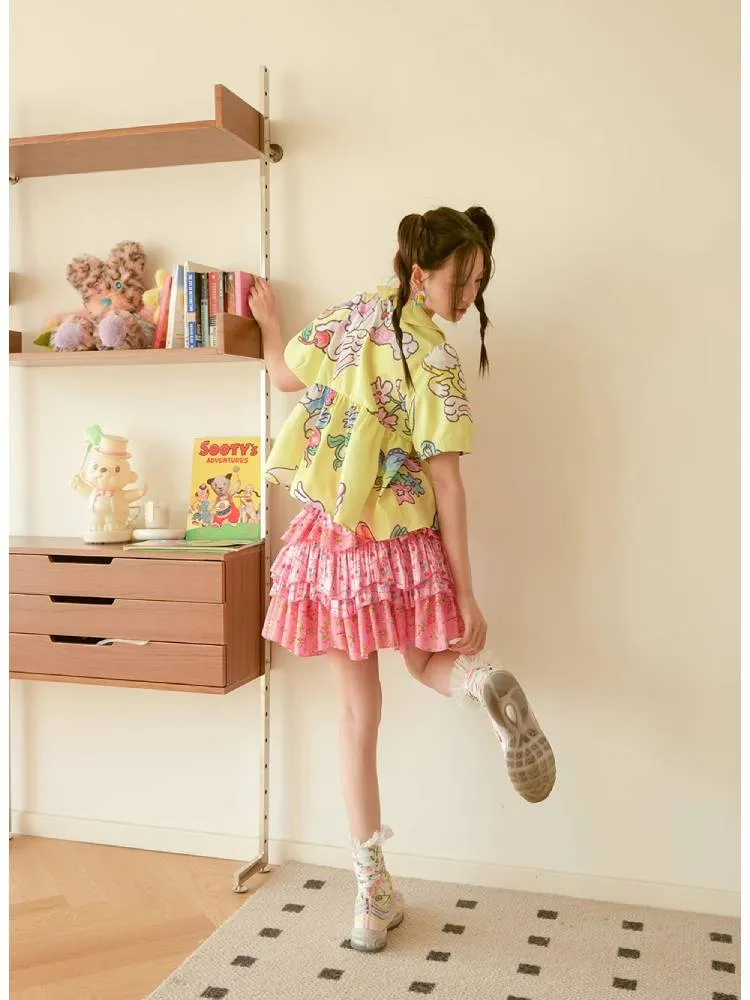 pink bear flower layered skirt