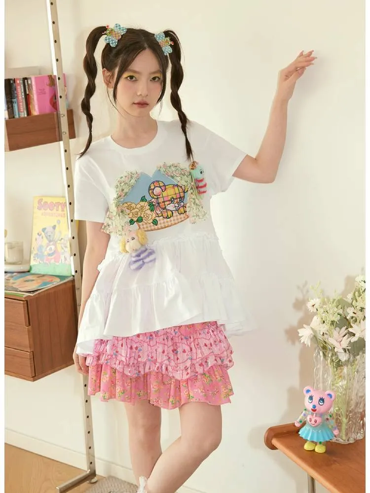 pink bear flower layered skirt