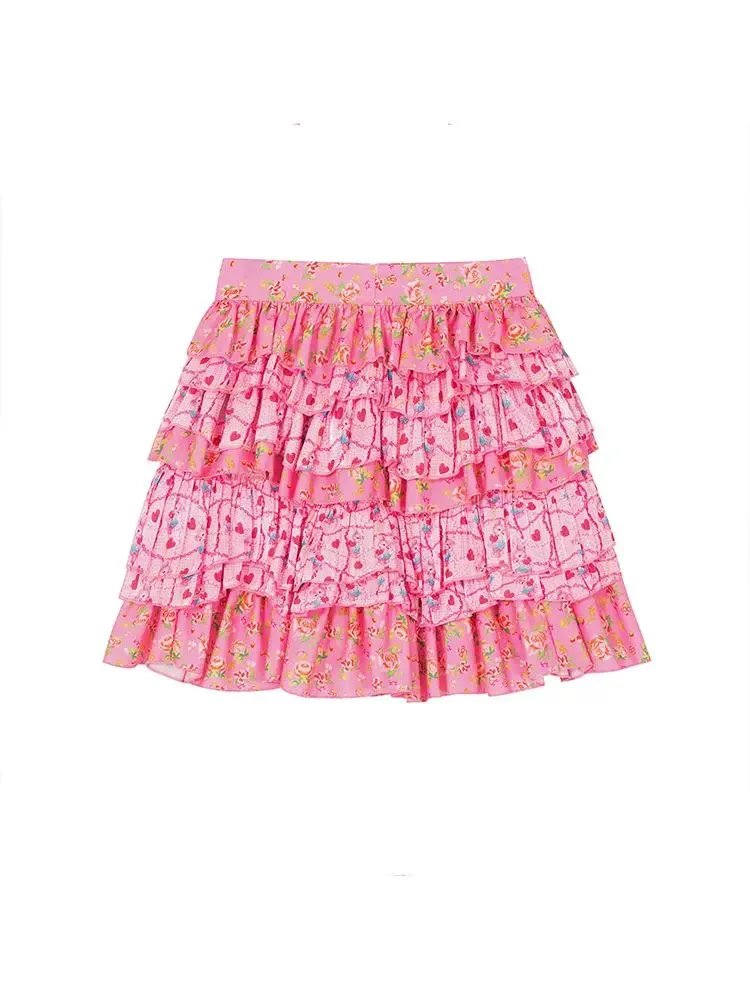 pink bear flower layered skirt