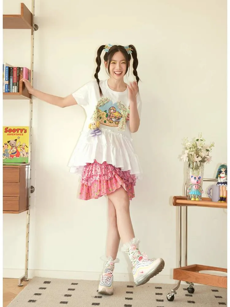 pink bear flower layered skirt