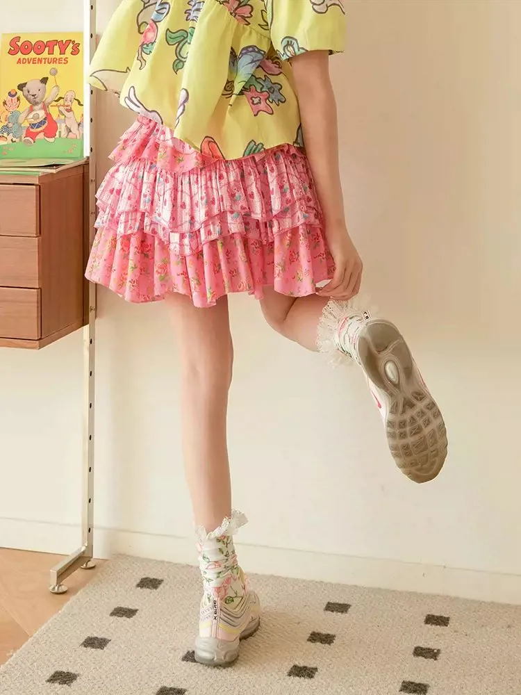 pink bear flower layered skirt