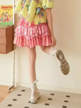 pink bear flower layered skirt