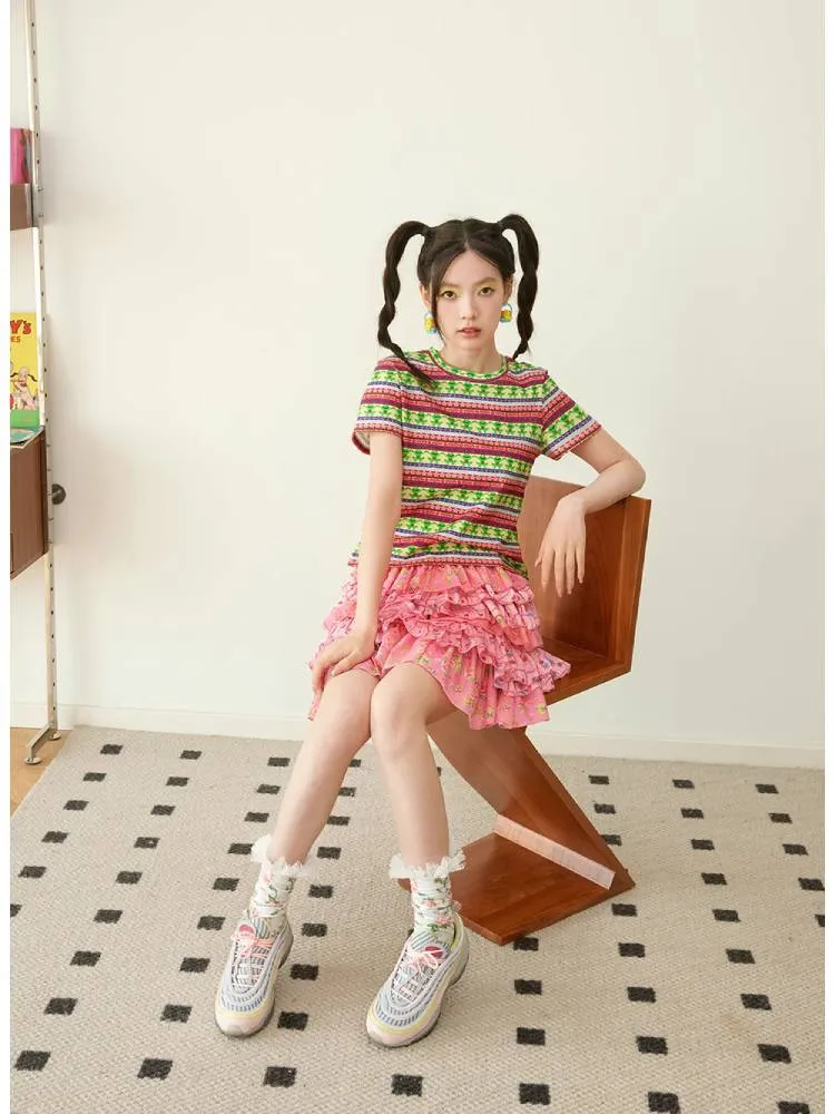 pink bear flower layered skirt