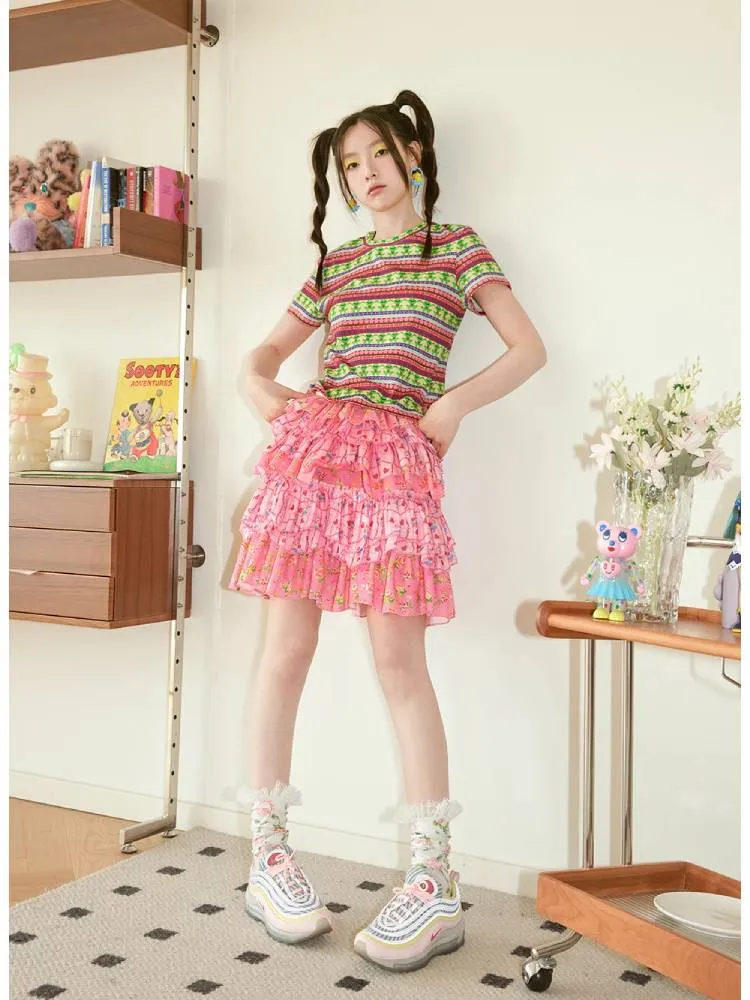 pink bear flower layered skirt