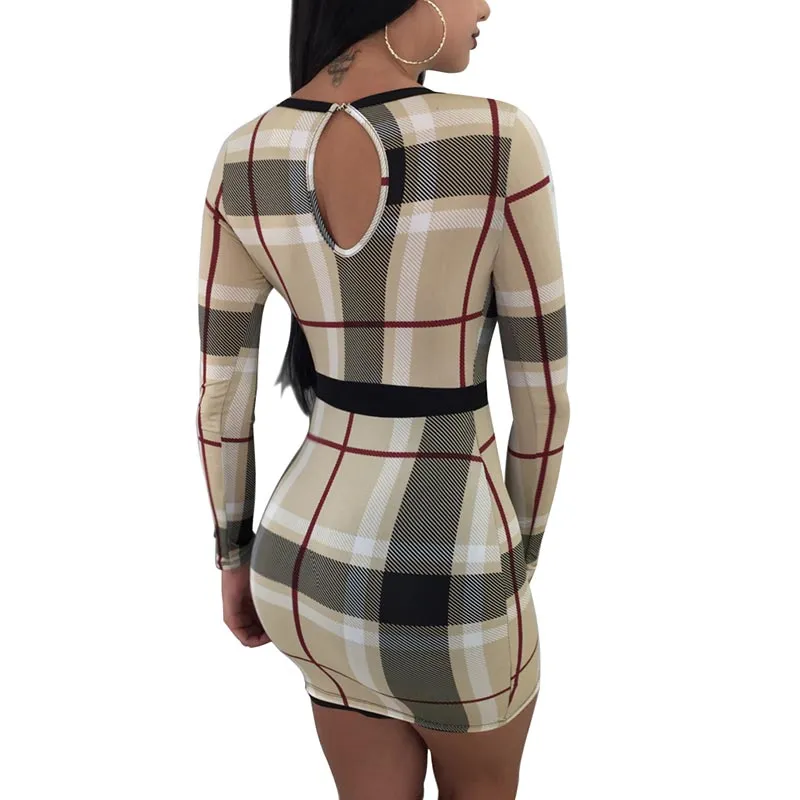 Sexy Checks Bodycon Dress With Long Sleeve
