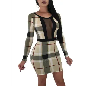 Sexy Checks Bodycon Dress With Long Sleeve