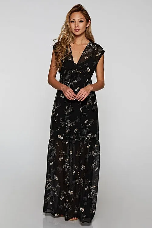 Sheer All Over Floral Print Maxi Fall Dress