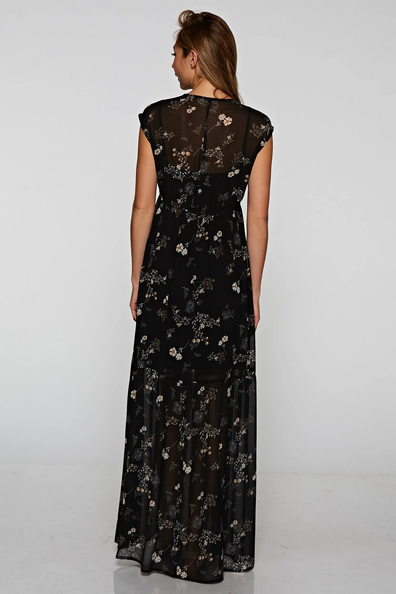 Sheer All Over Floral Print Maxi Fall Dress