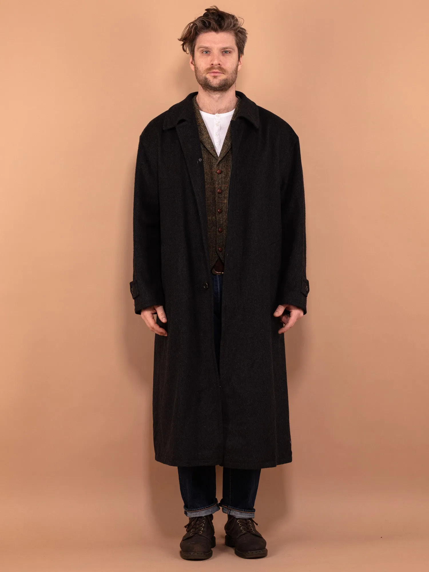 Vintage 80's Men Wool Blend Maxi Coat in Gray