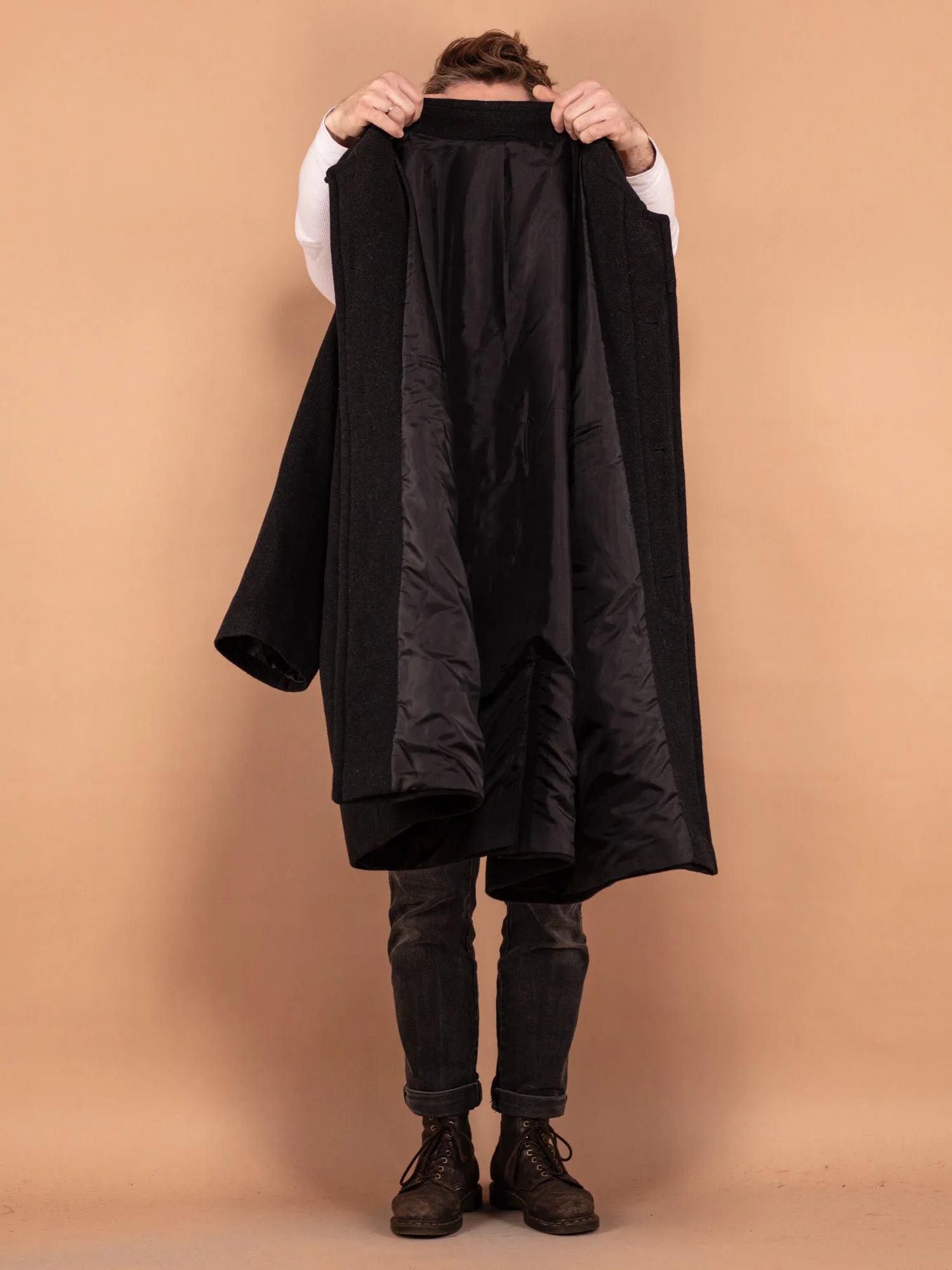 Vintage 80's Men Wool Blend Overcoat in Dark Grey