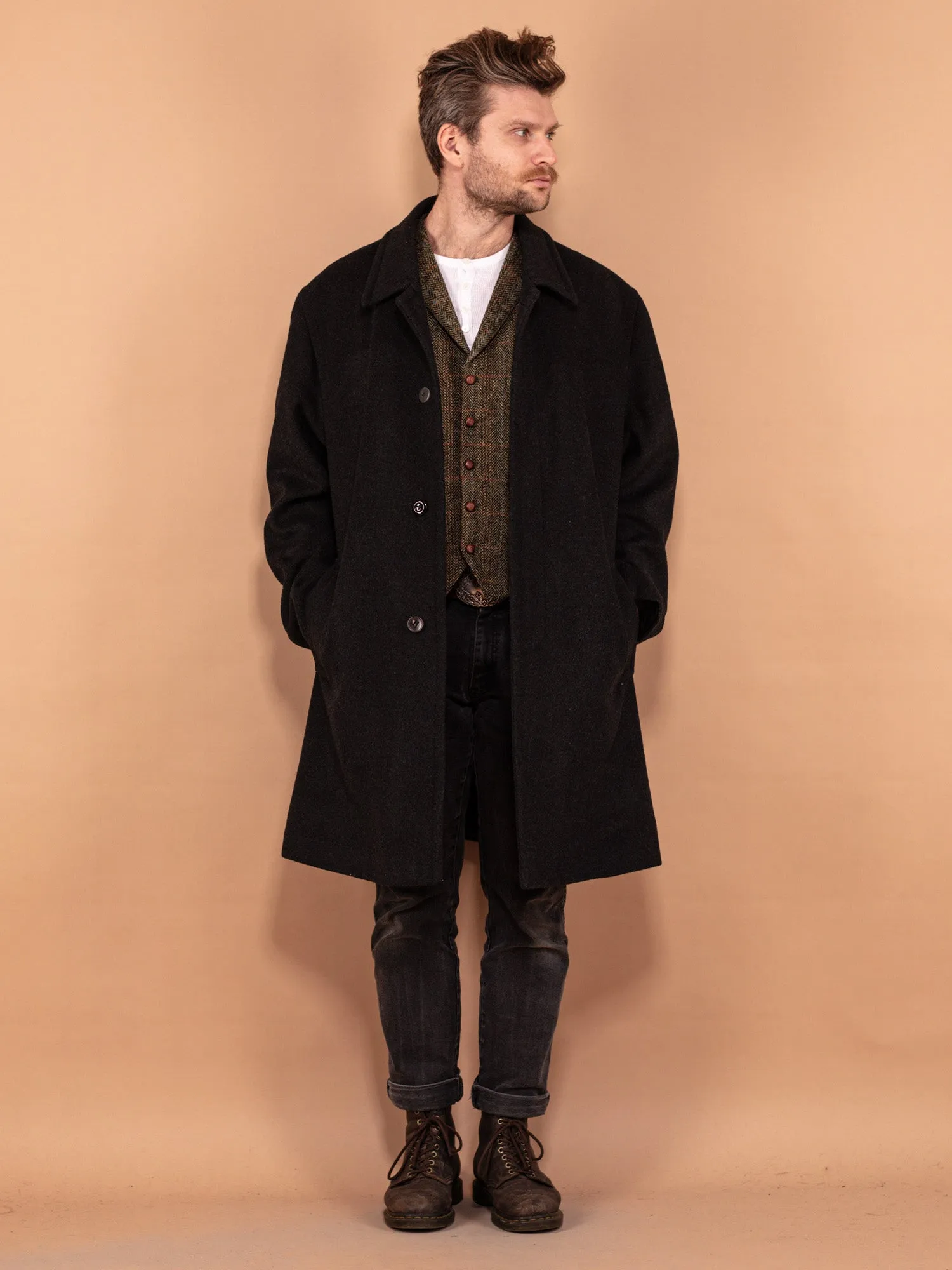 Vintage 80's Men Wool Blend Overcoat in Dark Grey