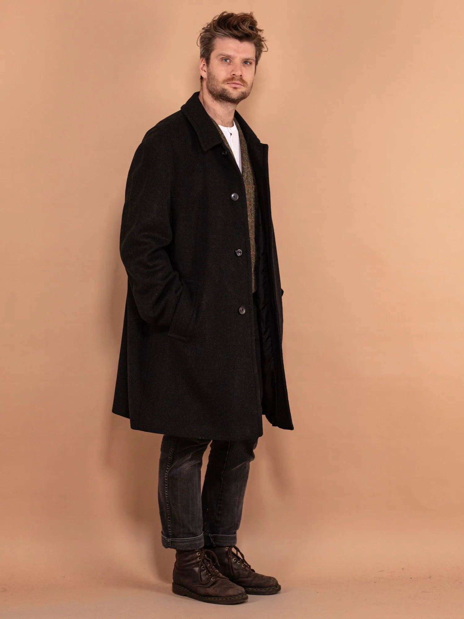 Vintage 80's Men Wool Blend Overcoat in Dark Grey